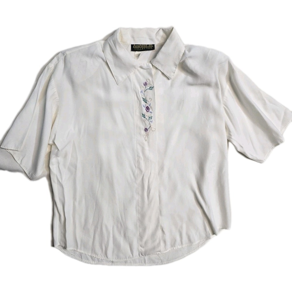Vintage Women's Blouse Ivory Barbara M collection Floral Embroidered